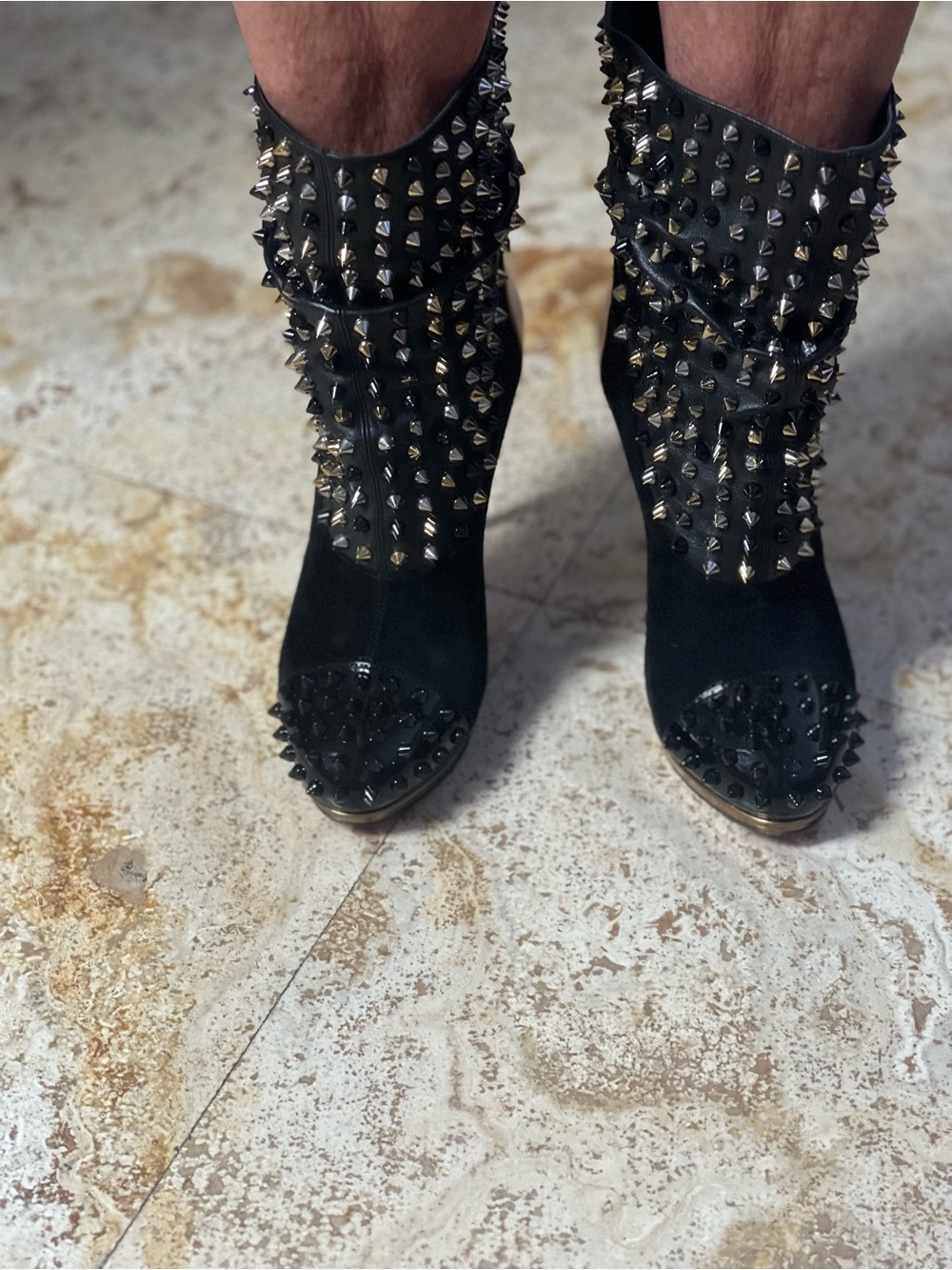 Christian Louboutin Black Studded Mid-Calf Boots with Metallic Spikes